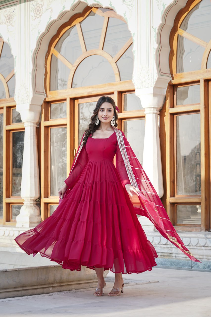 Red Color Fox Georgette Gown & Dupatta With Sequence Work at Rs.850/Piece  in surat offer by Royal Export