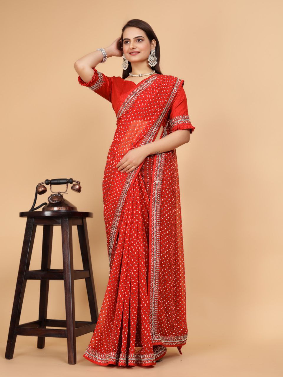 Red Color Pure Georgette Jacquard Border Bandhani Saree : The Morani Fashion